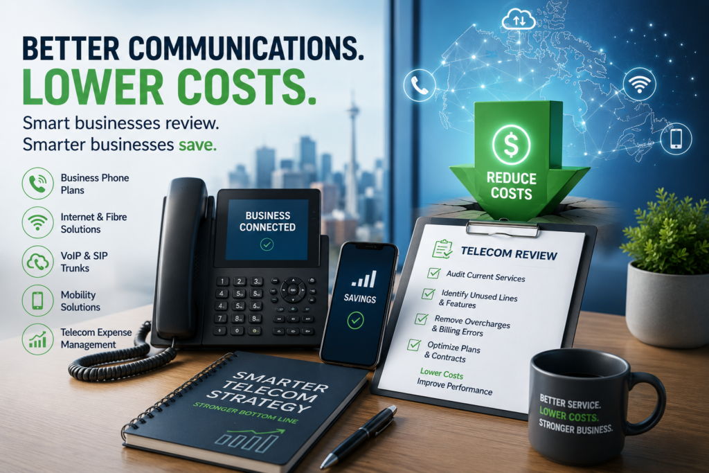 Business communications cost reduction review for Canadian companies including phone plans, internet, VoIP, SIP trunks, mobility and telecom expense management