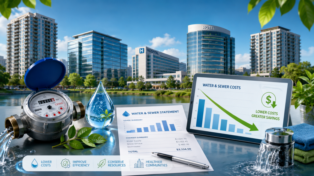 Commercial water conservation illustration showing a water meter, apartment buildings, hospital, hotel and water bill with reduced water and sewer costs for Canadian businesses.